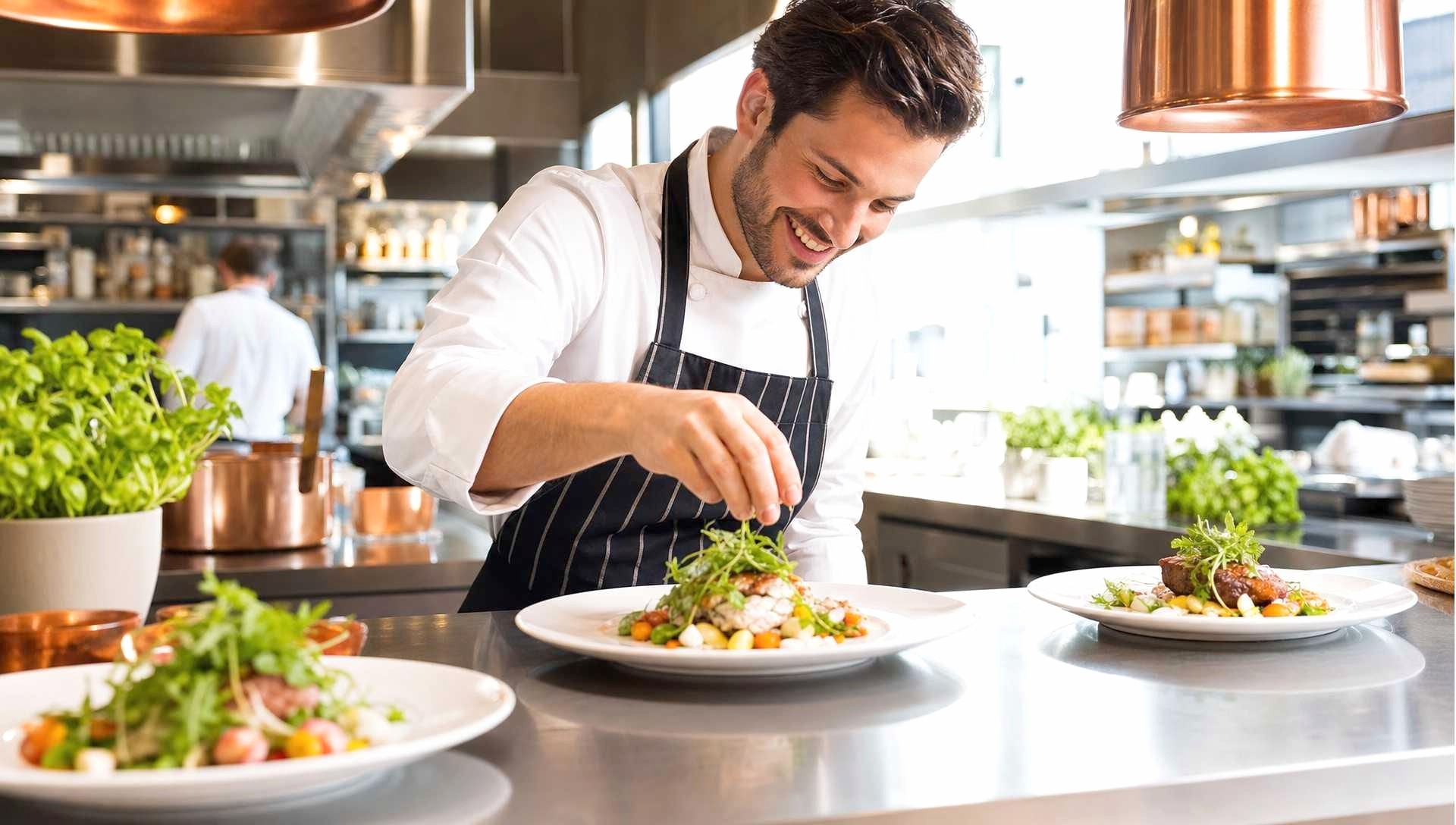 Chef at the kitchen pass during service, with warm low-key lighting behind the open-shift line.