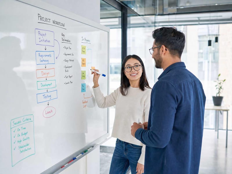 Two coworkers at a whiteboard mapping handoffs.